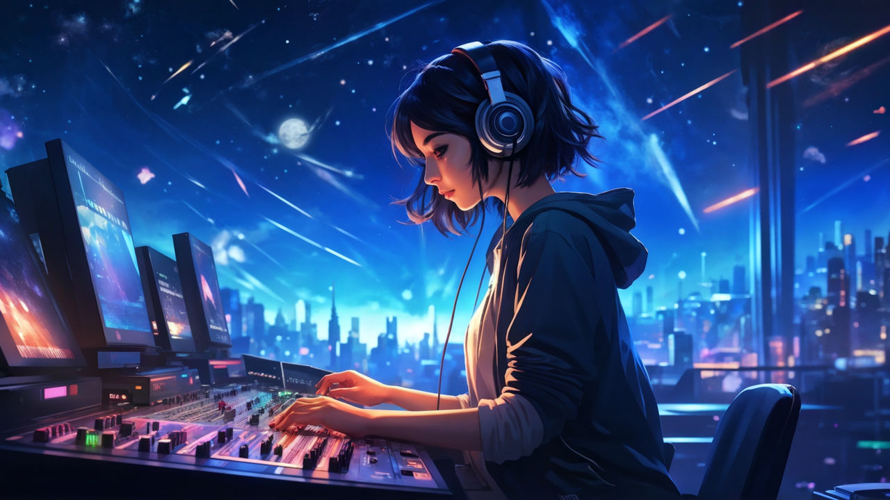 anime transfem dj putting on makeup while playing music