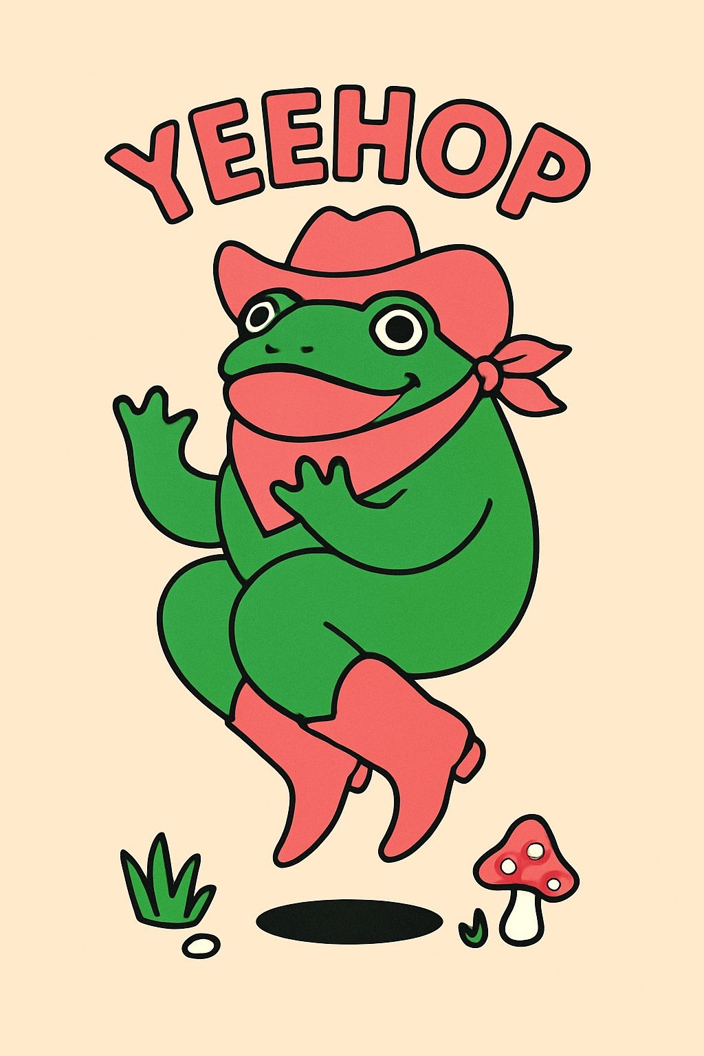 Cheerful Green Frog in Cowboy Attire Jumping for Joy Poster