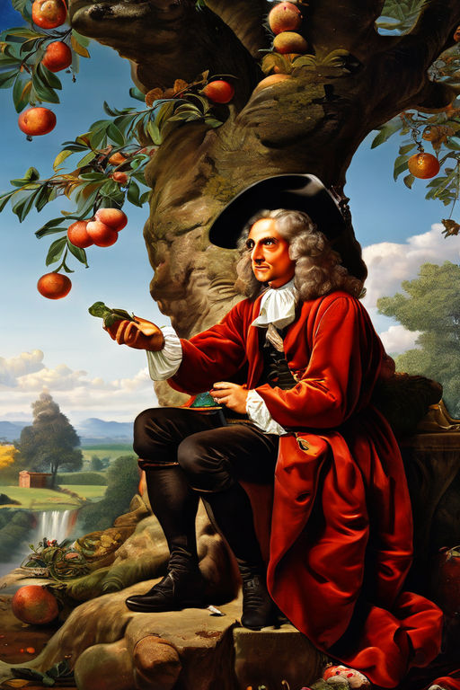 Isaac newton sitting down next to tree and an aplle falls on... by ...