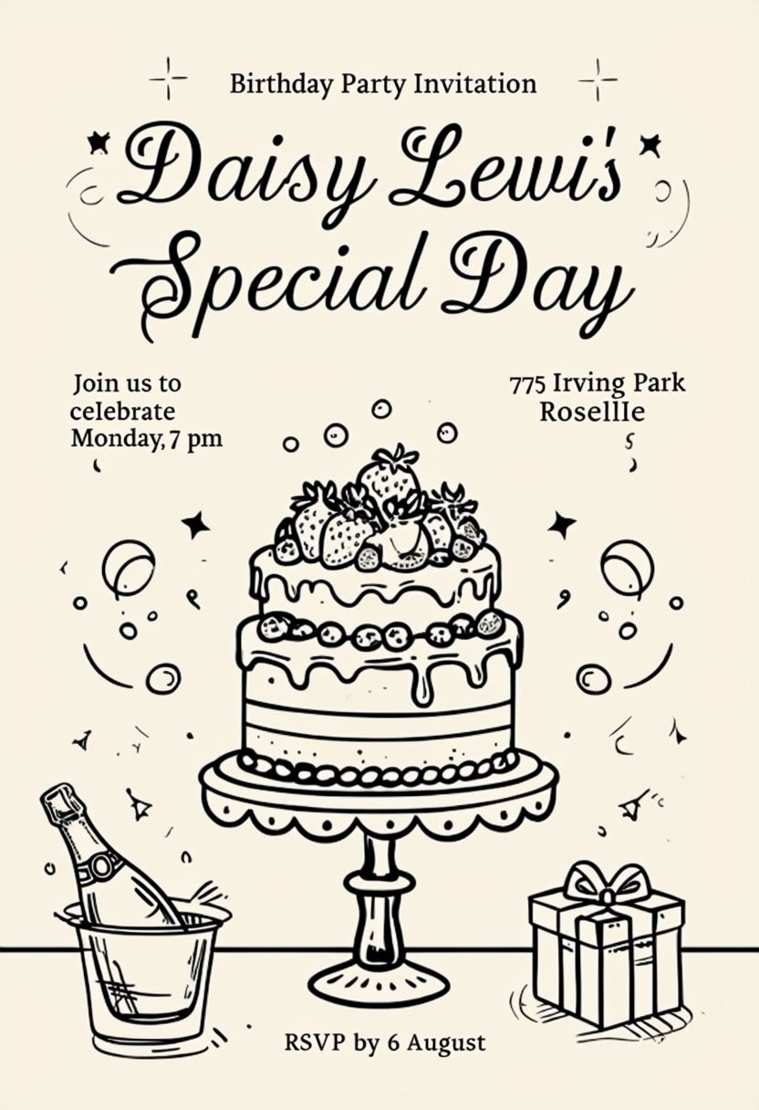 Elegant Cream Birthday Party Invitation for Daisy Lewis's Special Day Card