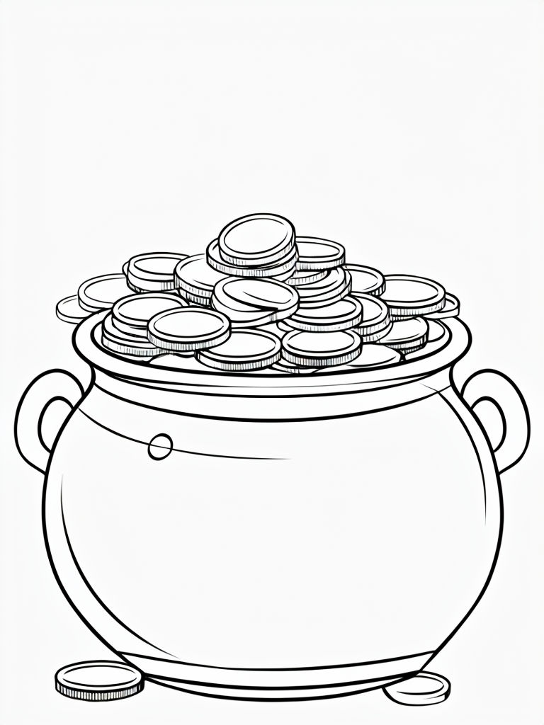 Minimalist Line Drawing of a Pot Overflowing with Gold Coins Coloring Book Pages