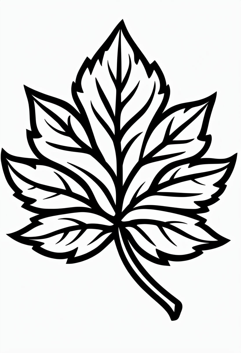 Stylized Black Outline Leaf Design for Coloring Book Pages
