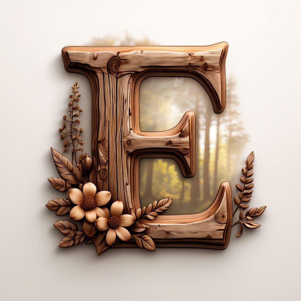 Rustic 3D Wooden Letter E Monogram with Floral Accents Art