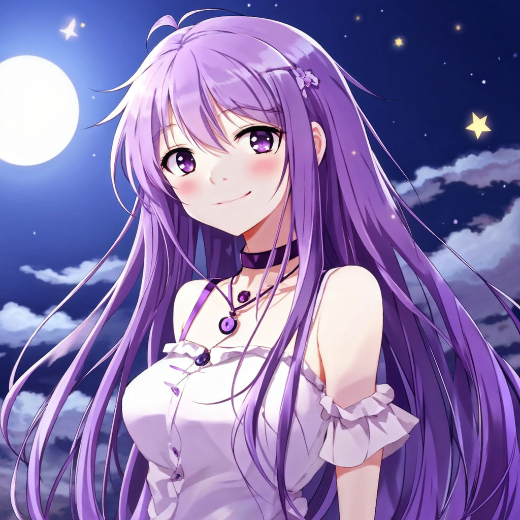 female character anime girl cute face body long hair blue eyes purple  background