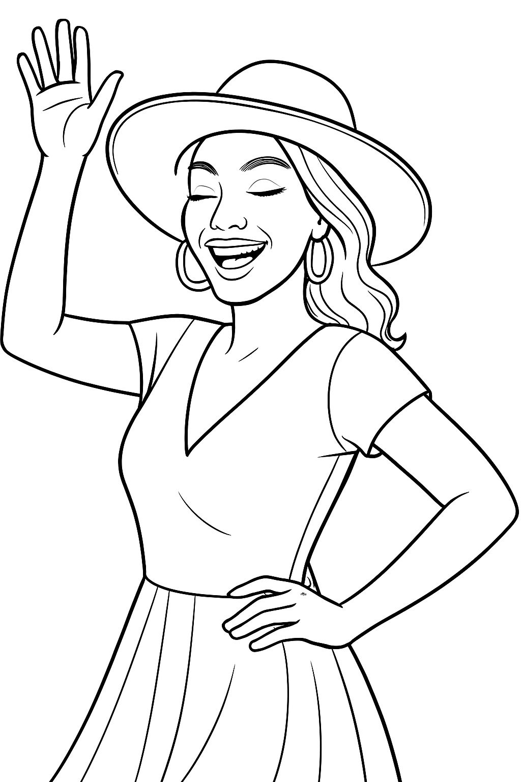 Cheerful Young Woman Line Drawing for Coloring Book Pages