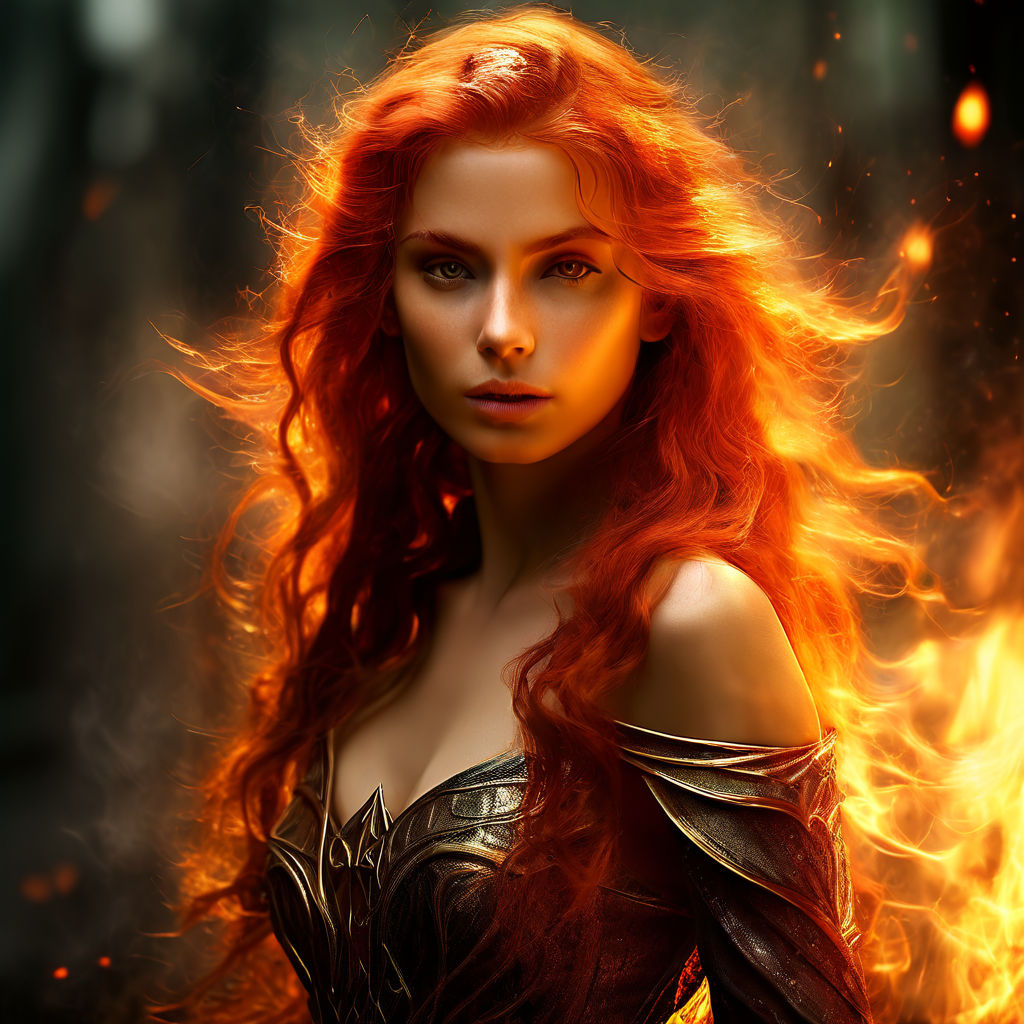 a nude girl with fire powers and red hair in a fantasy medieval environment  with warm and beautiful clothes