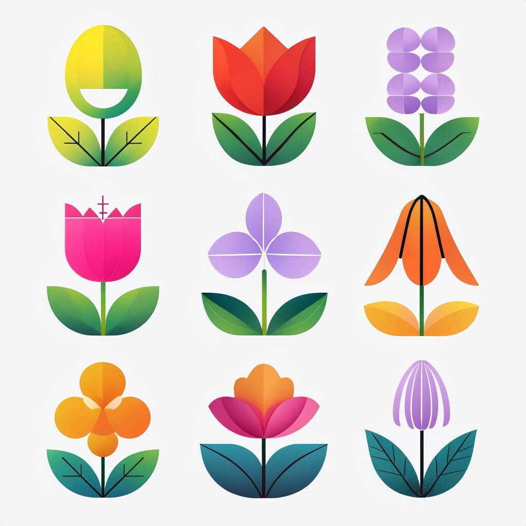 Vibrant Stylized Flower Designs in Colorful Grid Pattern Seamless Pattern