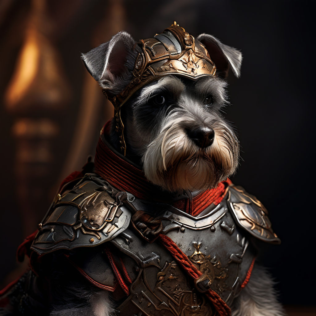 Miniature Schnauzer garbed in ancient armor styled as a sold... by ...