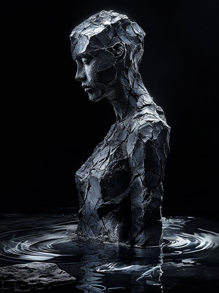 Dark Volcanic Rock Figure in Reflective Water Art