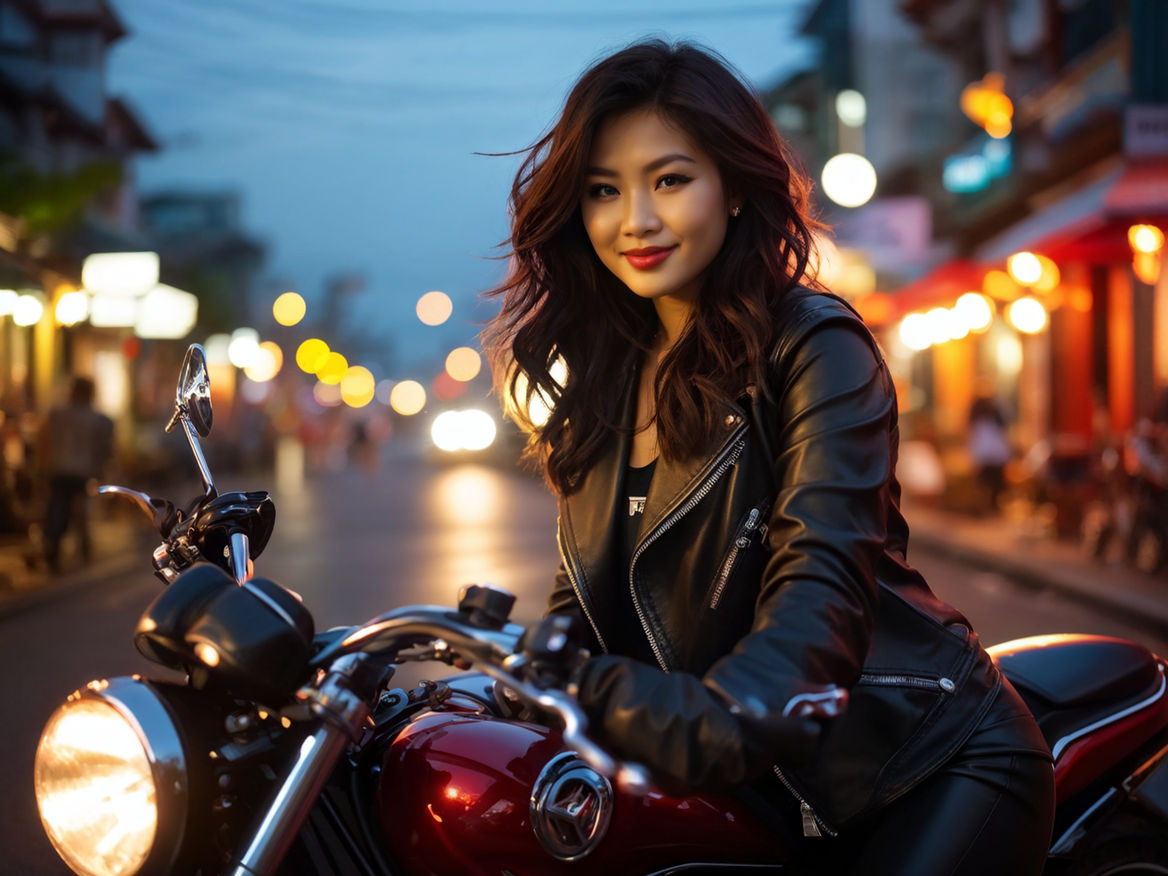 Beautiful Asian girl on a motorcycle