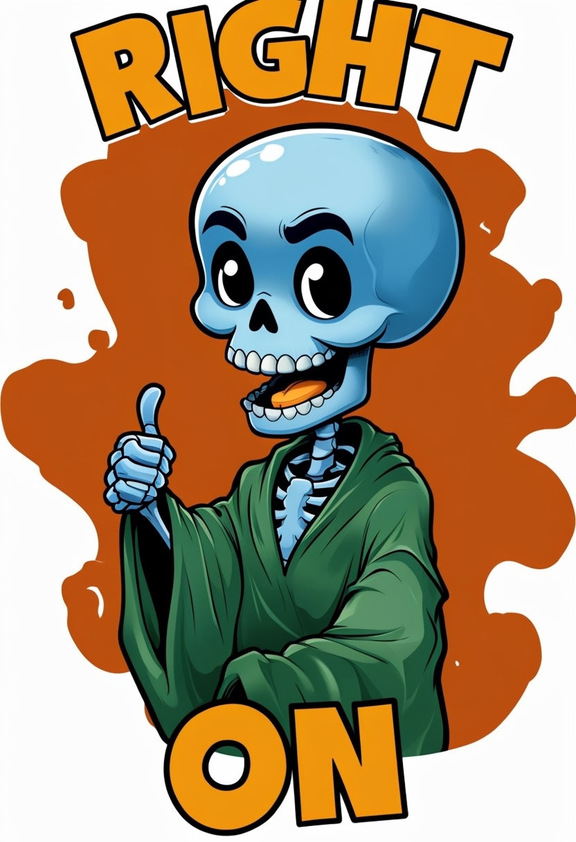 Cheerful Blue Skeleton Giving Thumbs-Up with 'RIGHT ON' Text Art