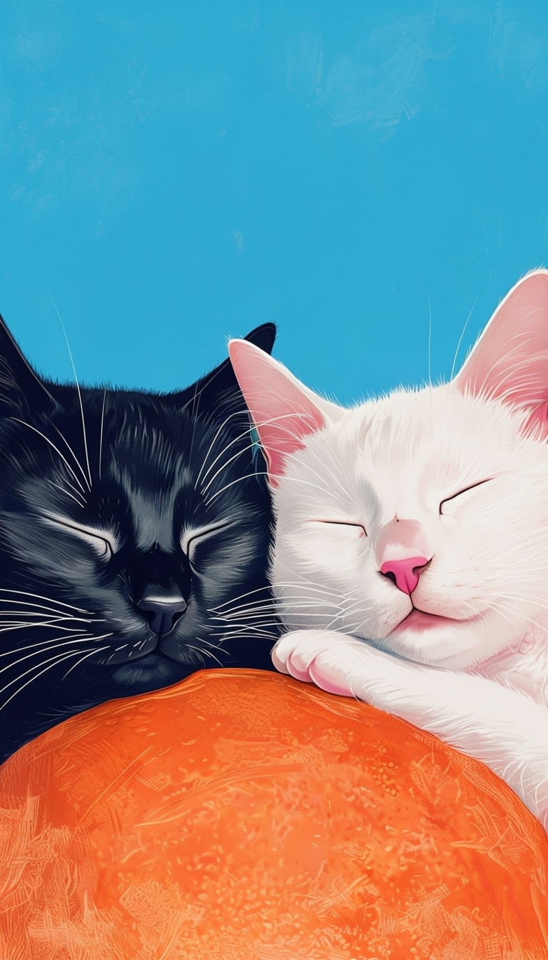 Peaceful Sleeping Cats Illustration on Sky Blue Background Mobile Wallpaper