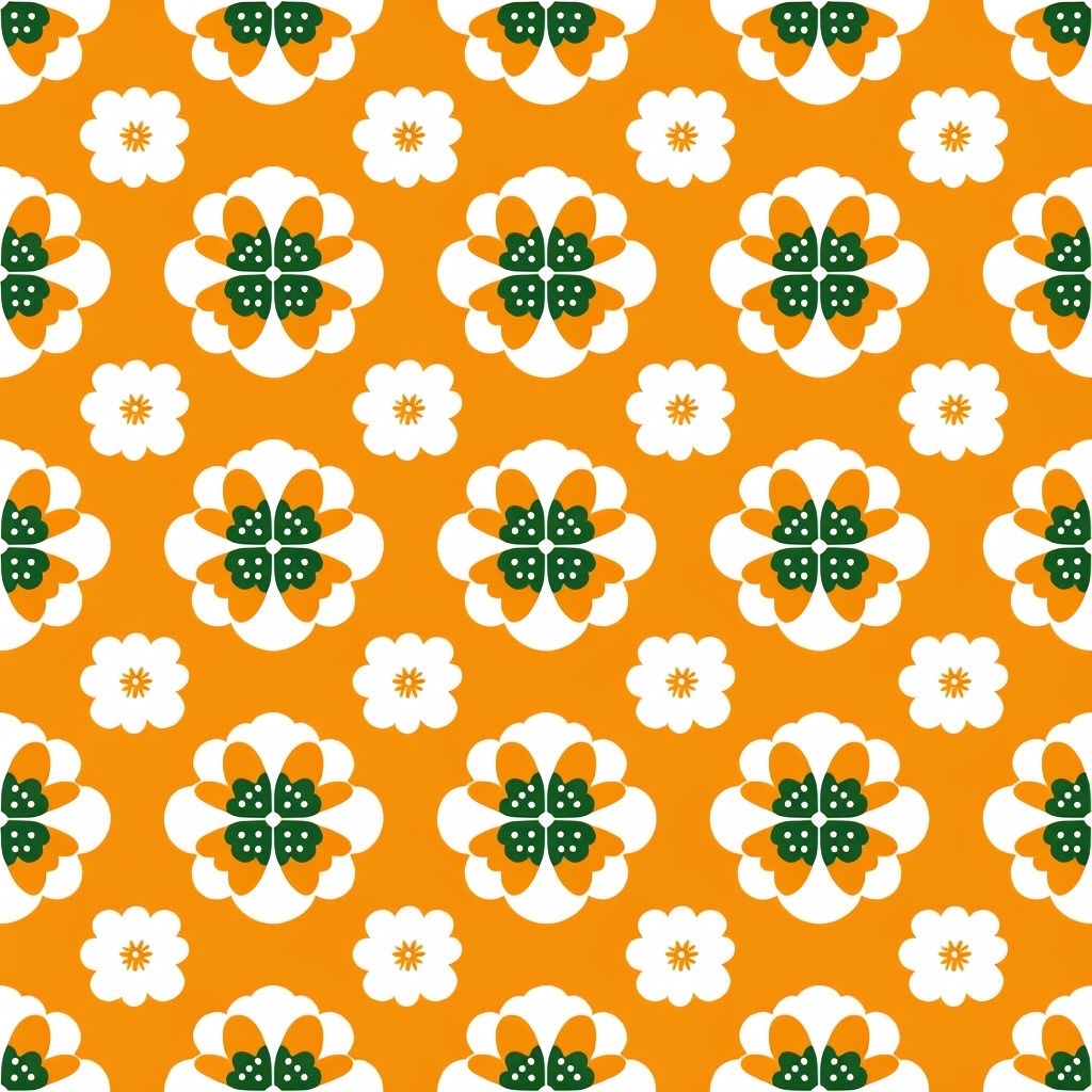 Bright Retro Floral Pattern on Amber Orange Background Seamless Patterns