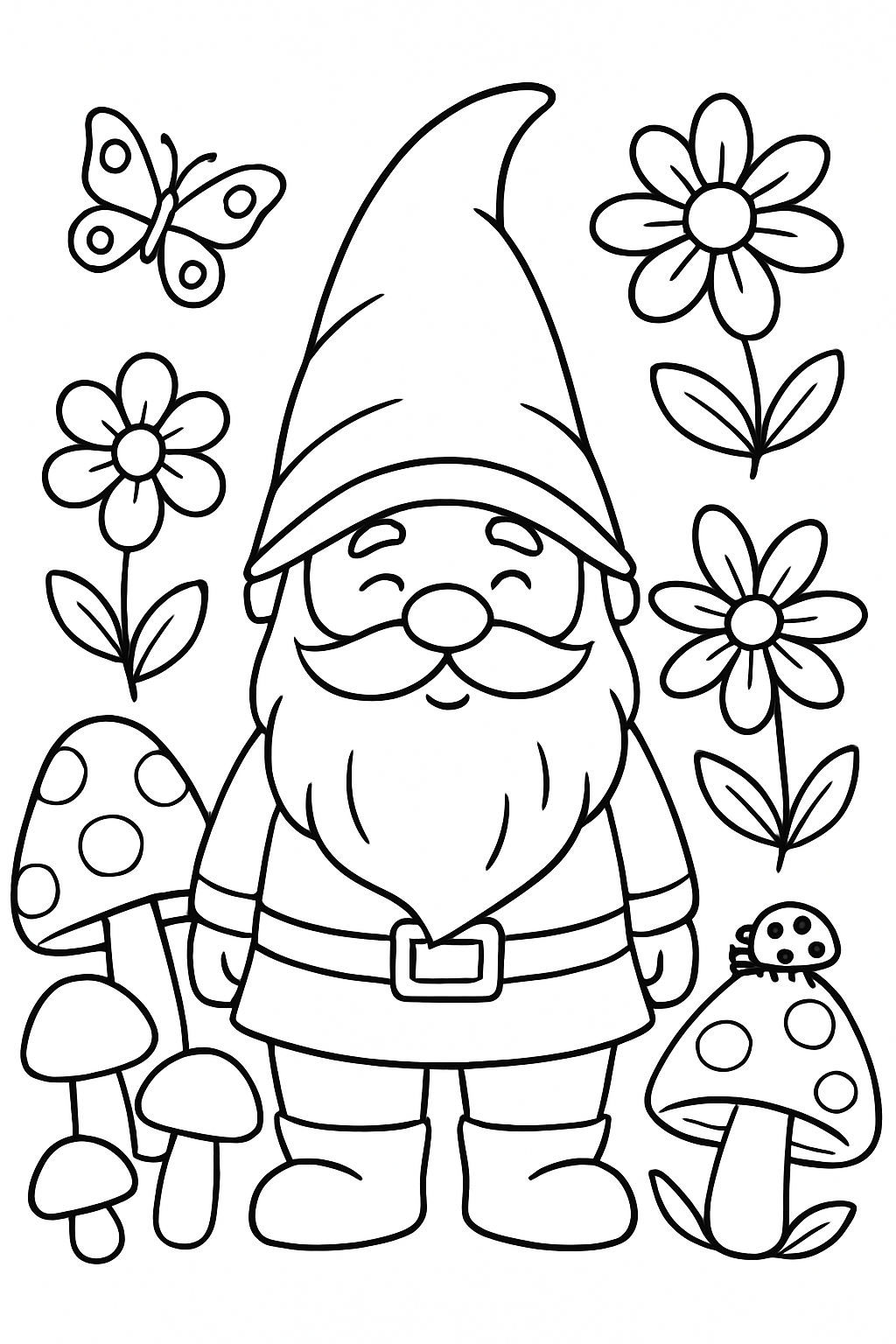 Cheerful Gnome Surrounded by Mushrooms and Flowers Coloring Page