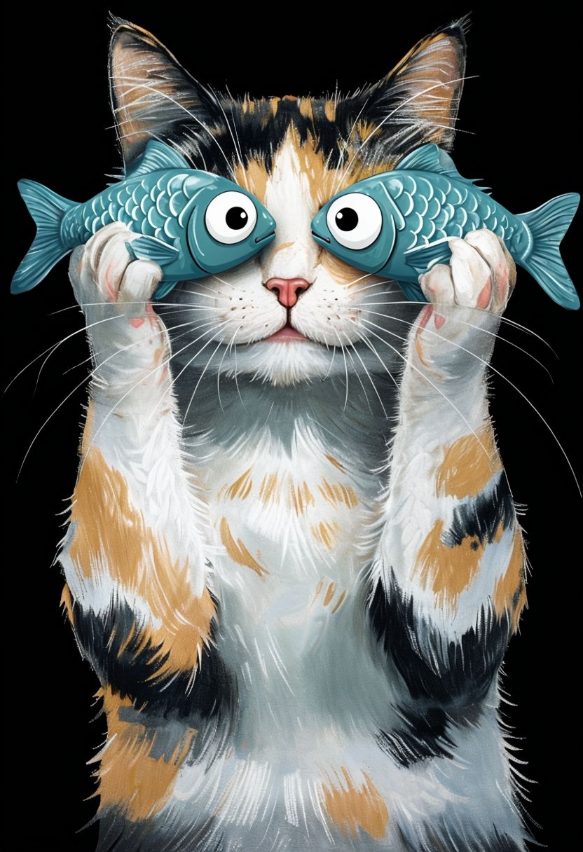 Playful Calico Cat with Fish Toys Whimsical Art Poster