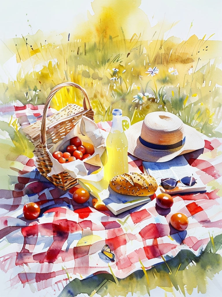 Vibrant Watercolor Picnic Scene in Sunny Meadow Art