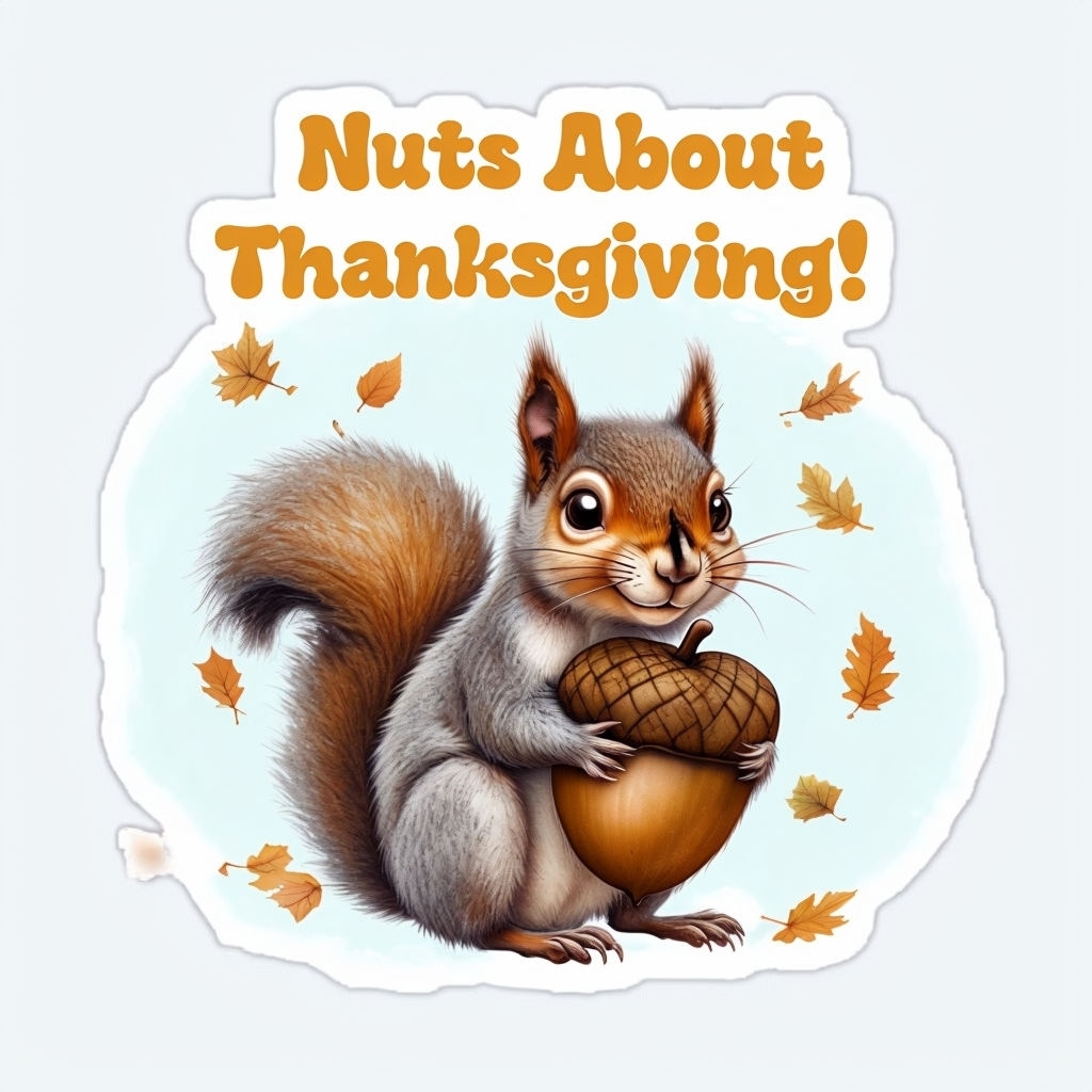 Cheerful Cartoon Squirrel with Acorn Nuts About Thanksgiving Sticker