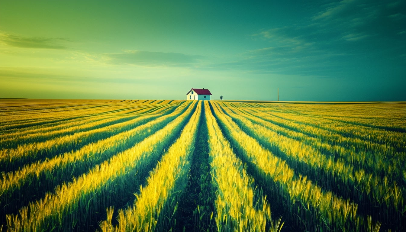 Golden Wheat Field with White House Vintage Landscape Background