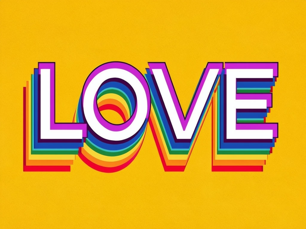 Colorful 3D LOVE Text Art on Bright Yellow T-Shirt