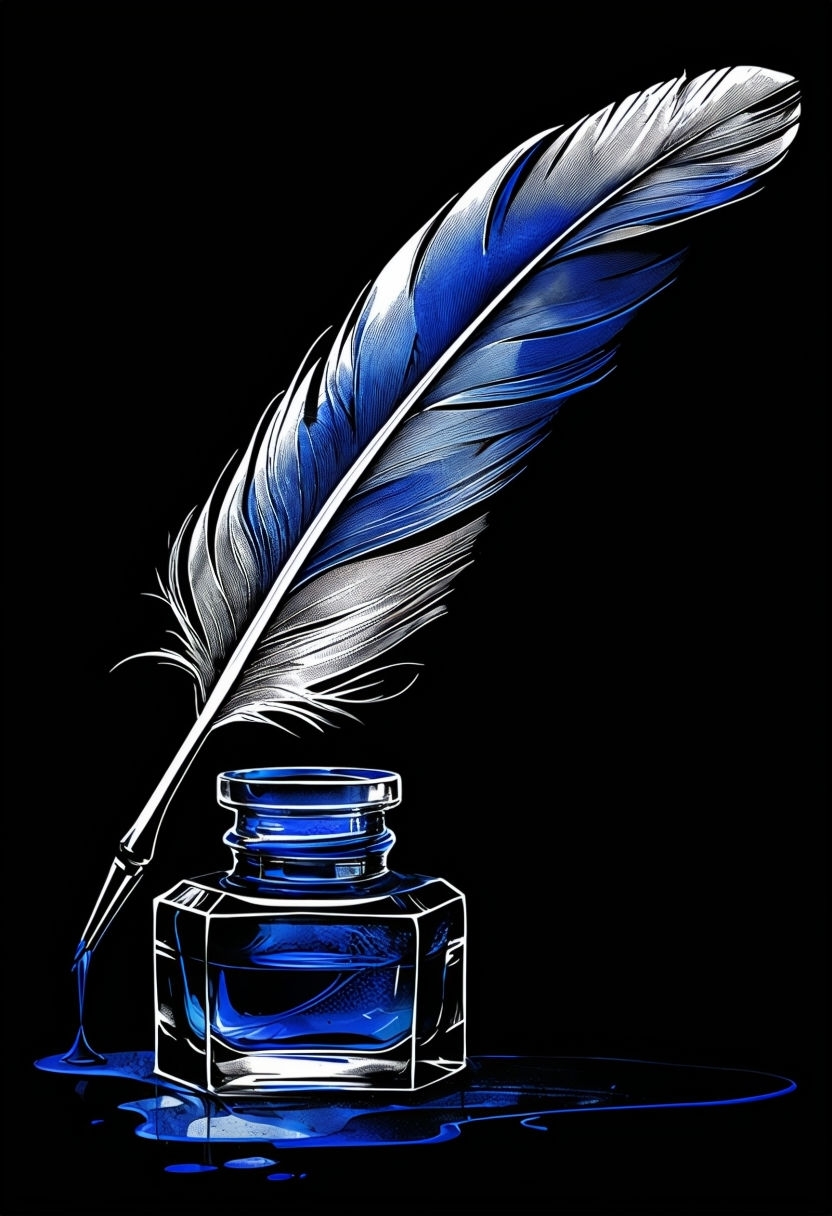 Elegant Sapphire Blue Quill Pen and Inkwell Artwork Mobile Wallpaper