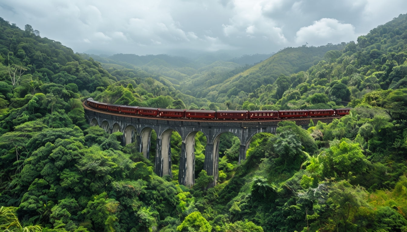 Lush Tropical Landscape with Red Train on Viaduct Background