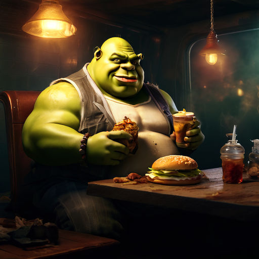 Fat gangster shrek eating a burger in a tank by Declan ONeil - Playground