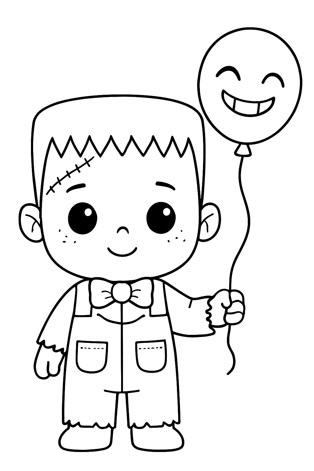 Cute Cartoon Character with Balloon Line Drawing Coloring Book Pages