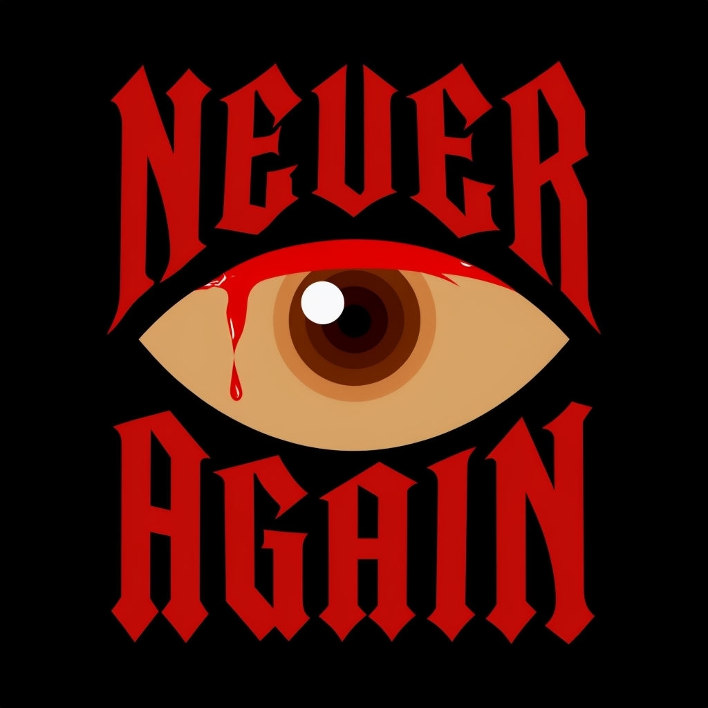 Bold Gothic Never Again Eye Illustration T-Shirt