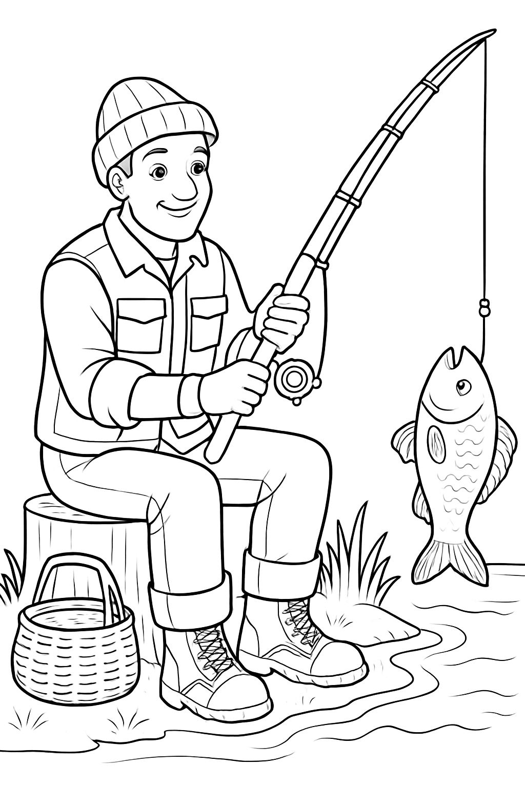 Joyful Fisherman Line Drawing in Nature Coloring Page