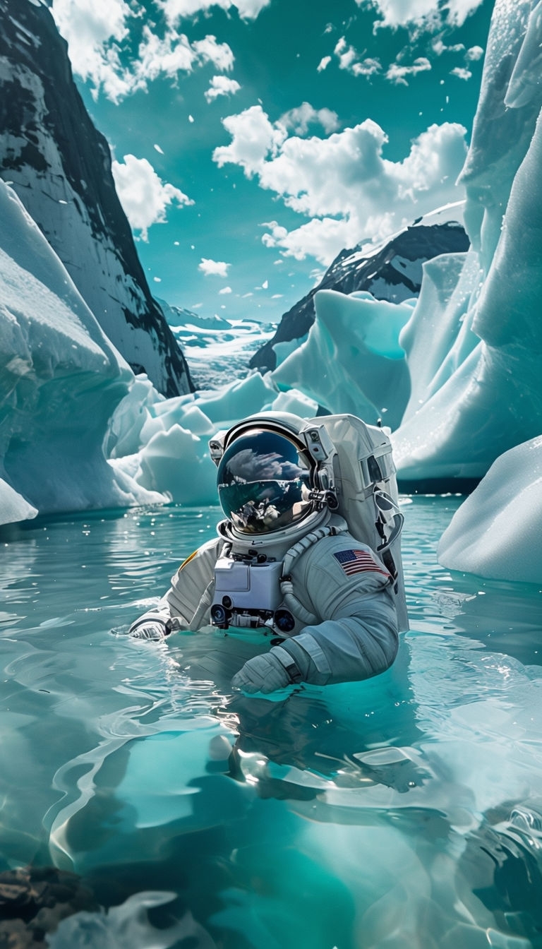 Surreal Astronaut in Turquoise Water Surrounded by Icebergs Mobile Wallpaper