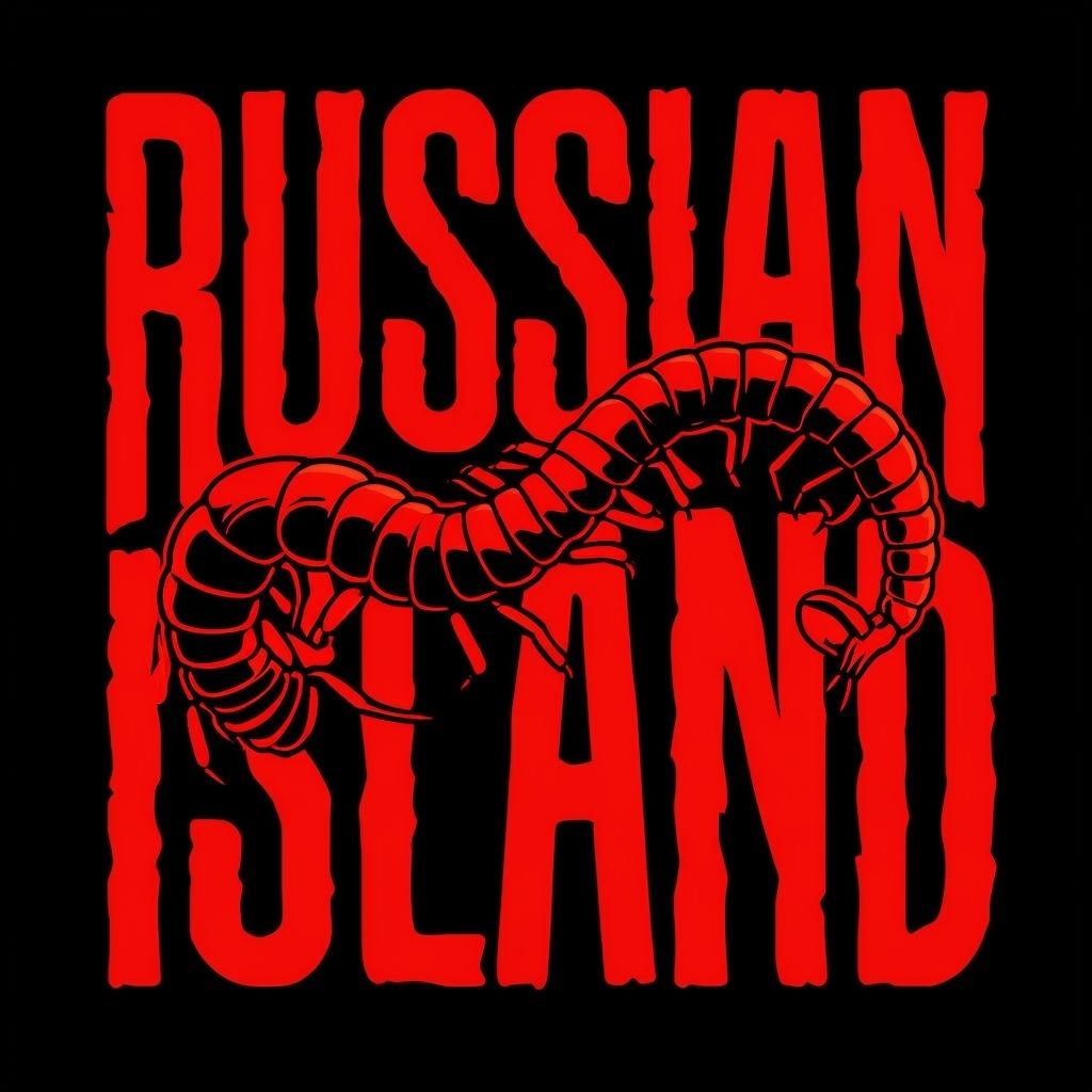 Bold Red Centipede Design with 'Russian Island' Text T-Shirt