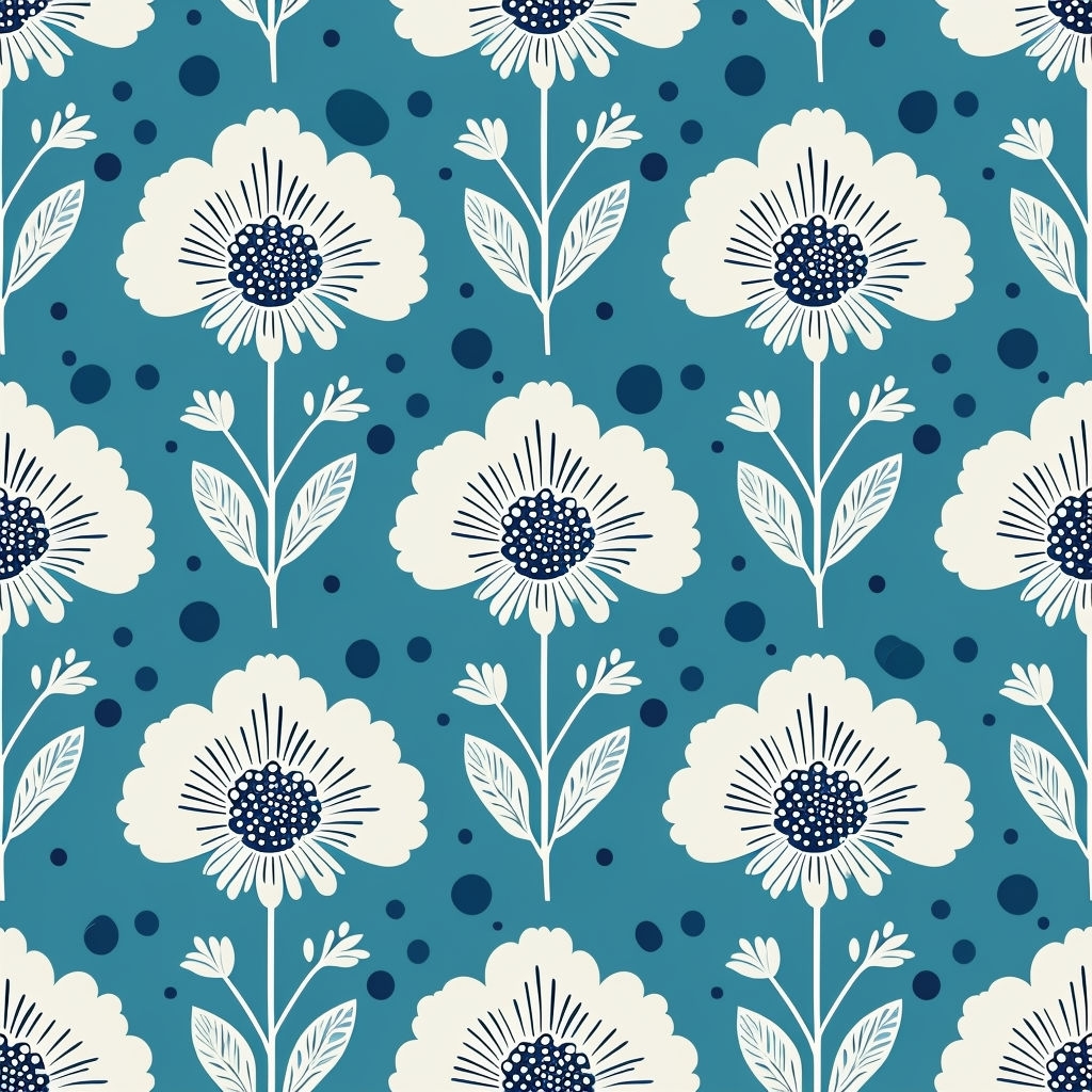 Stylized Ivory Floral Seamless Pattern on Teal Background