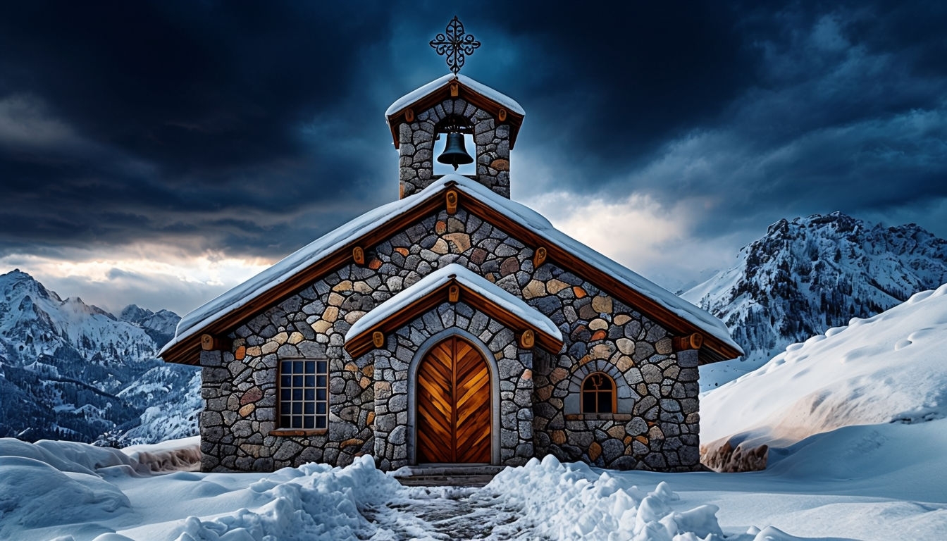 Snowy Rustic Stone Chapel Against Dramatic Cloudy Skies Background