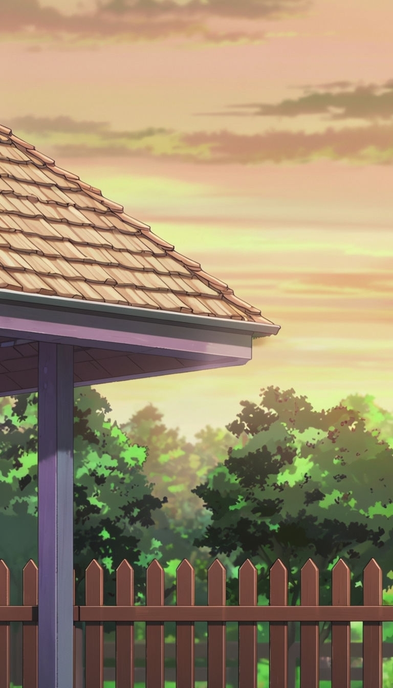 Serene Anime Sunrise with Wooden Structure Mobile Wallpaper
