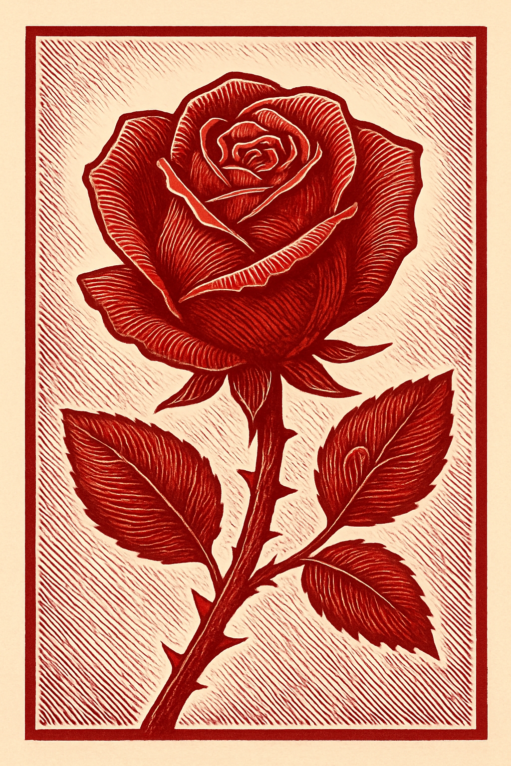 Intricate Engraved Red Rose on Beige Background Poster