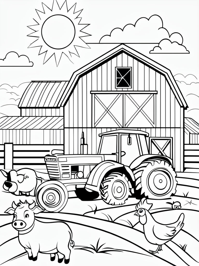 Cheerful Farm Line Art for Kids Coloring Book Page