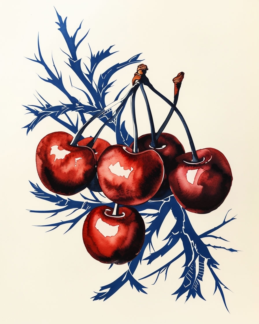 Richly Colored Cherry Cluster with Intricate Blue Branches T-shirt