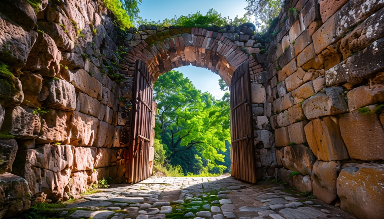 Ancient Stone Archway Surrounded by Lush Greenery Background