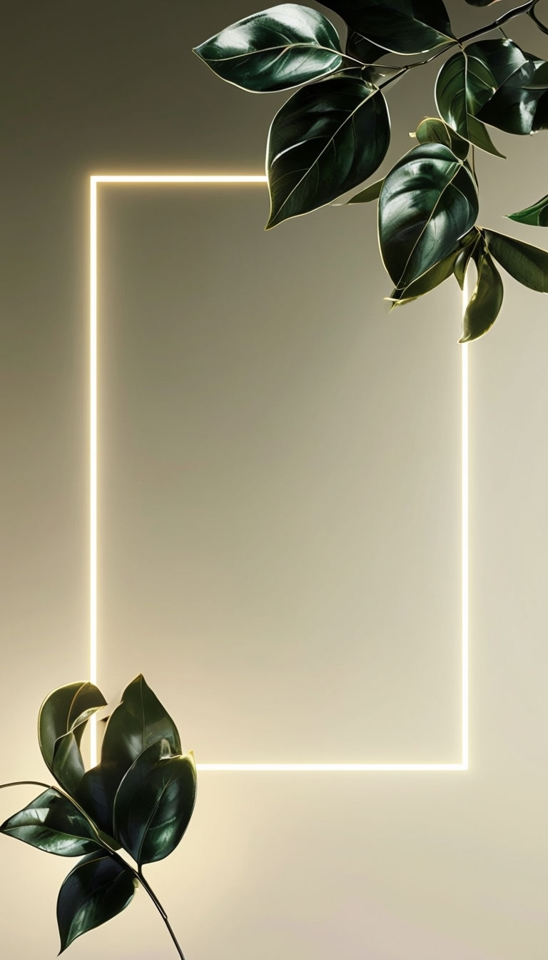 Elegant Neon Frame with Dark Green Leaves Digital Art Social Media Post