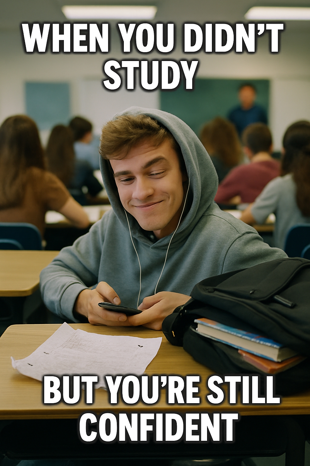 Confident Student in Classroom Humor About Not Studying Meme