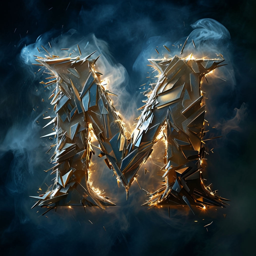 Abstract Metallic Letter M Emerging from Stormy Mist Monogram