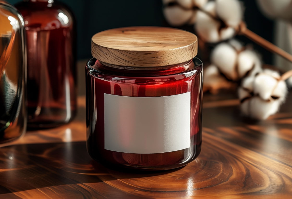 Cozy Dark Red Candle Jar on Polished Wood Surface Photograph