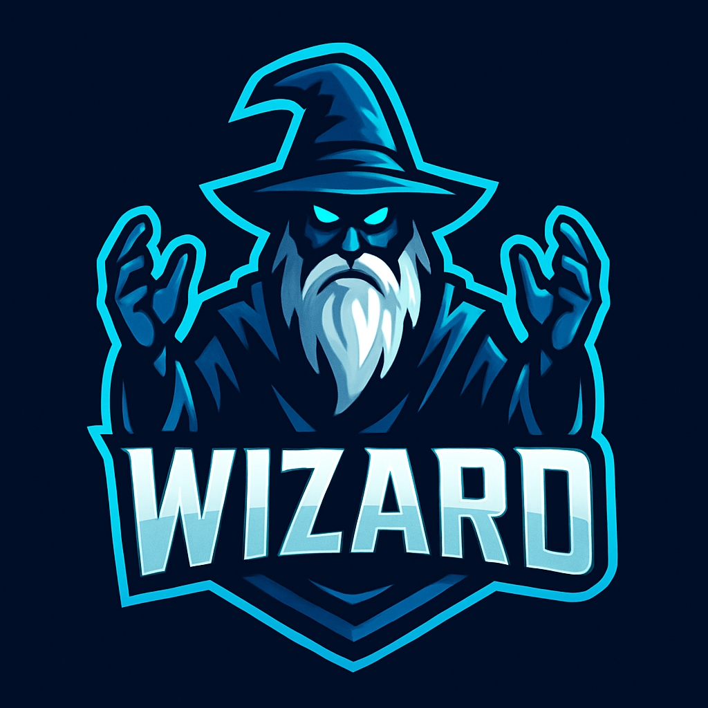 Stylized Wizard Character Logo with Electric Blue Details