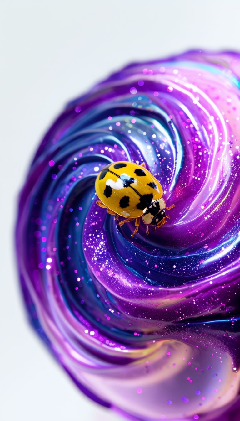 Bright Yellow Ladybug on Cosmic Glitter Planet Mobile Wallpaper
