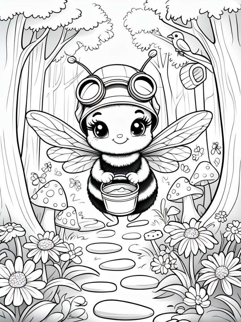 Cheerful Cartoon Bee Adventure in Lush Forest Art