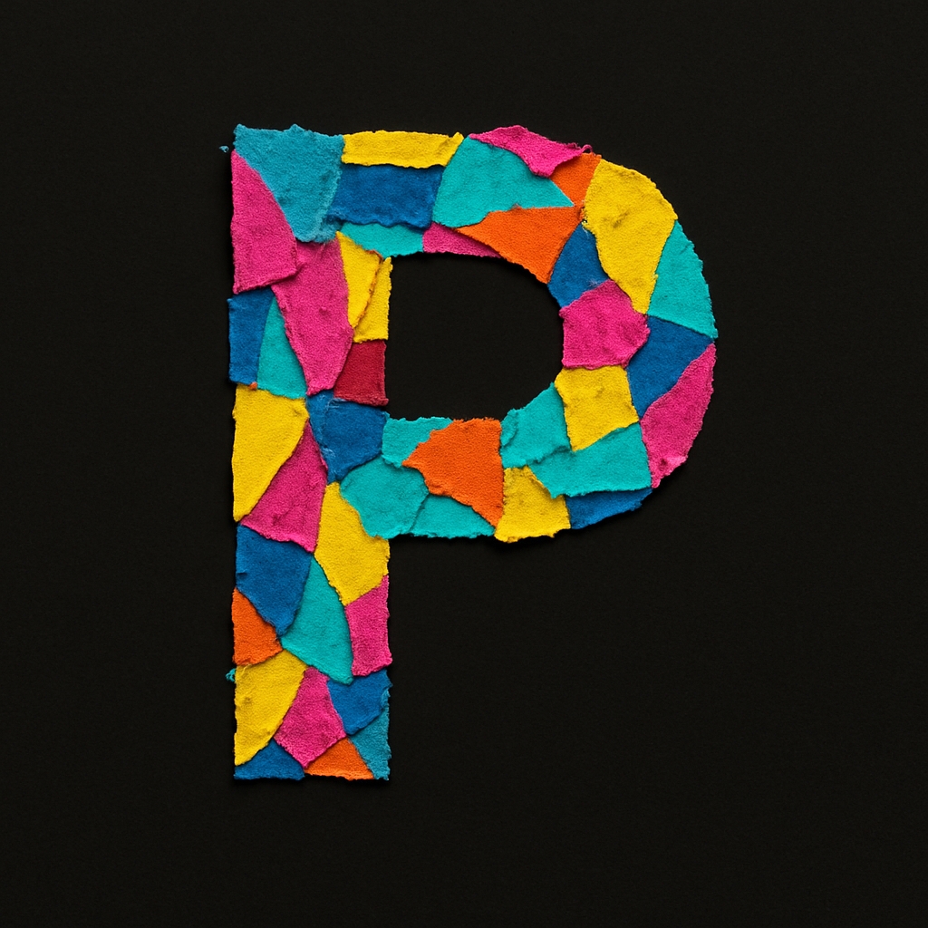 Colorful Collage Letter P Art Piece on Black Background Monogram