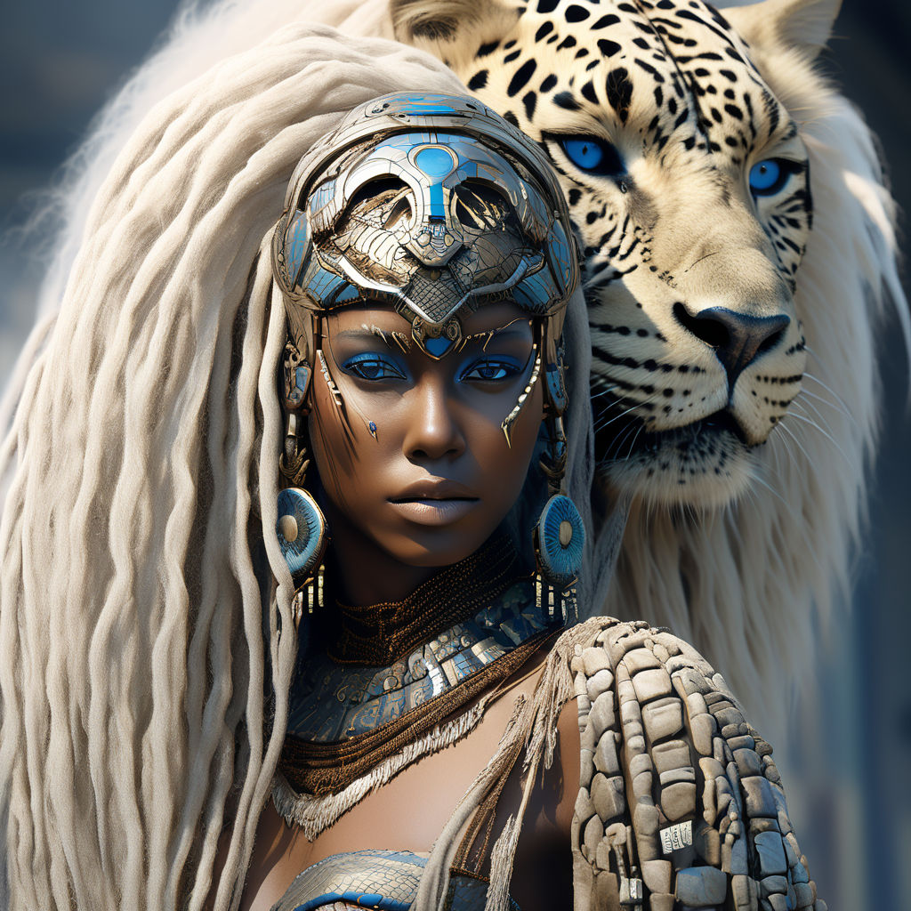 beautiful African warrior girl with bow front of big lion