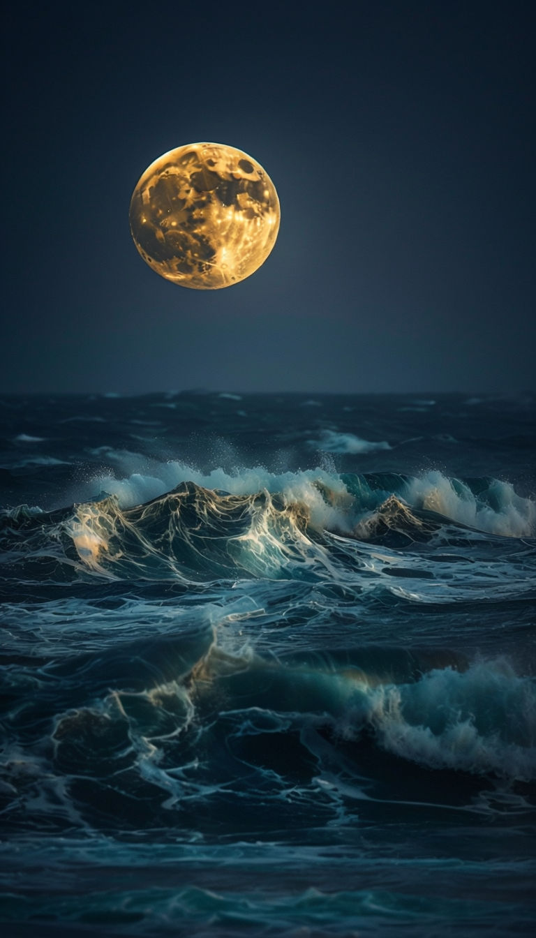 Dramatic Night Ocean Waves Under Full Moon Landscape Art