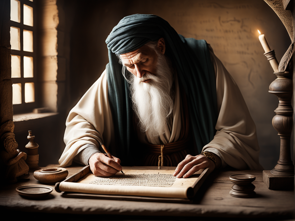 Ancient prophet writing a prophecy scroll on an old desk by Digital ...