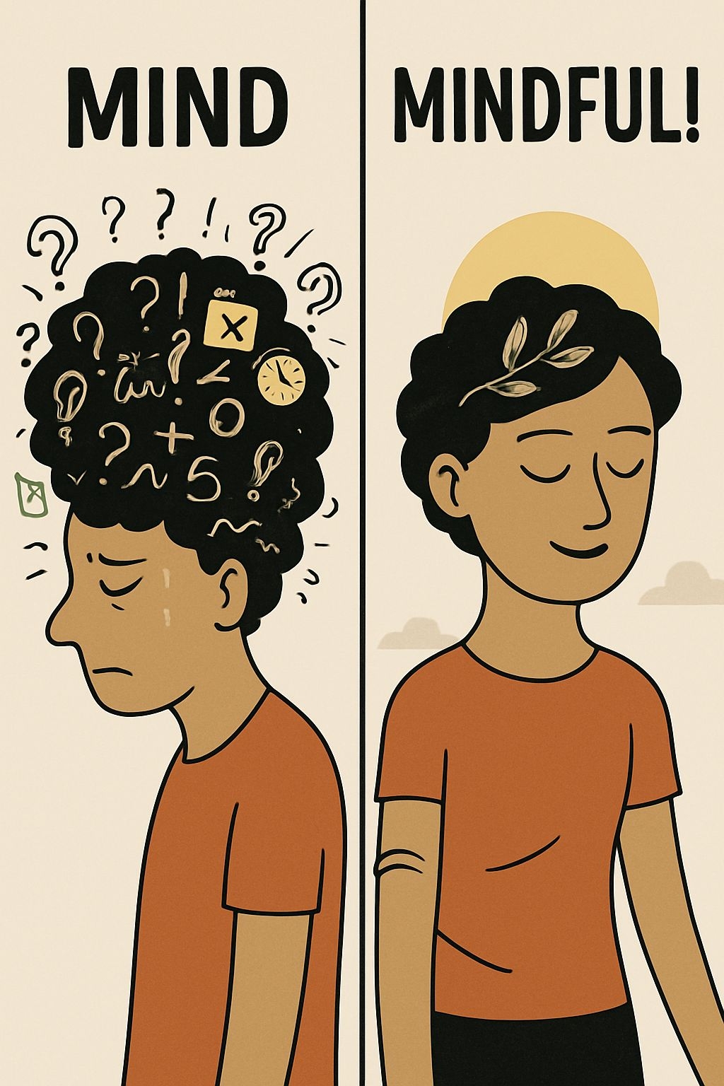Mind vs Mindful Cartoon Illustration of Inner Peace Poster
